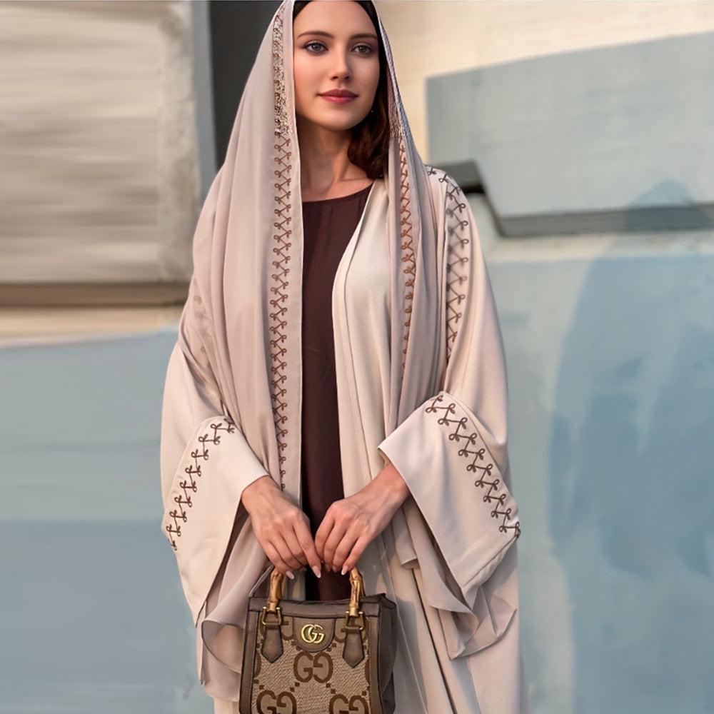 Women's Embroidered Abaya Dress with Bat Sleeves