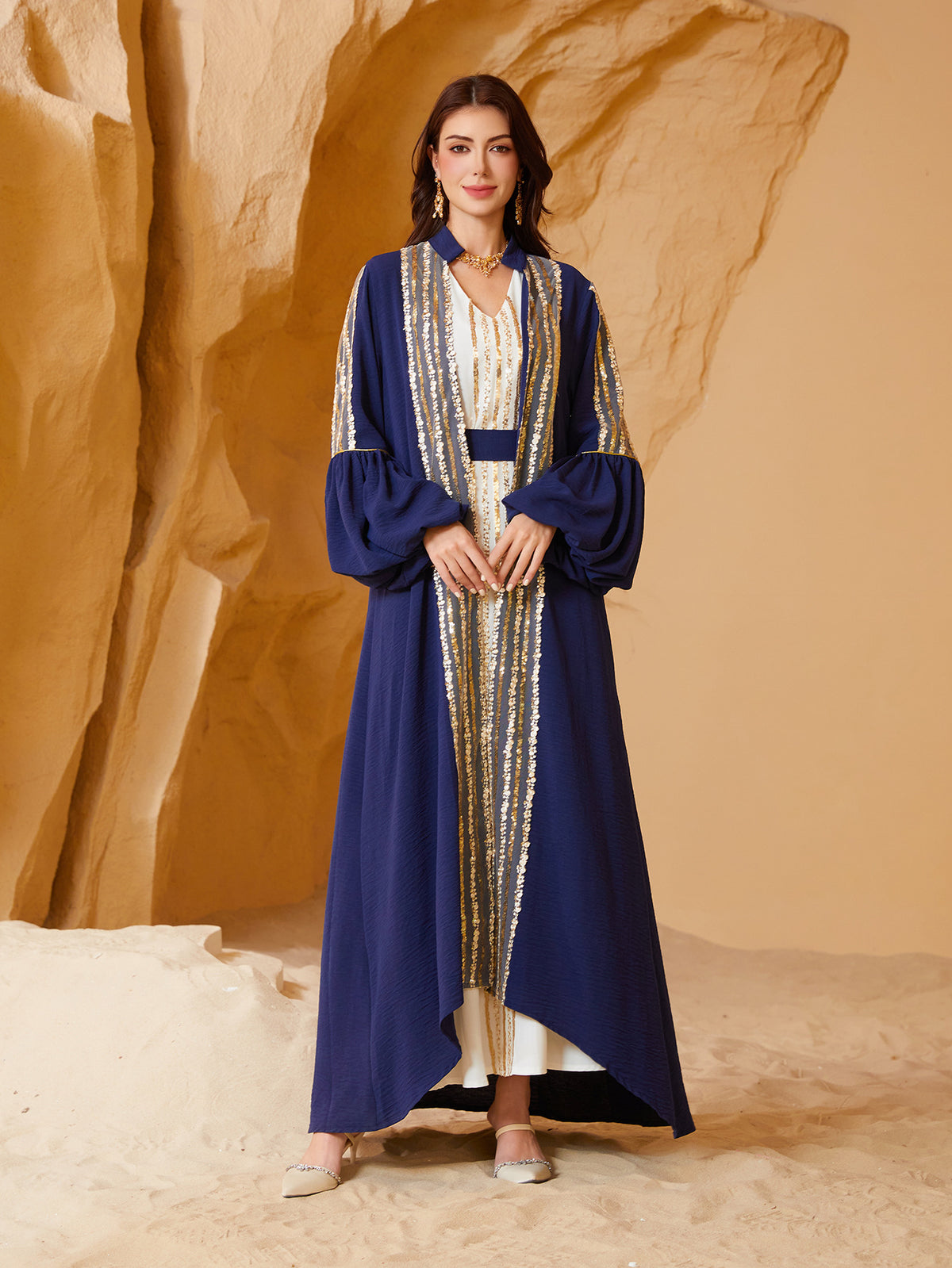 Sequined Puff Sleeve Abaya Dress