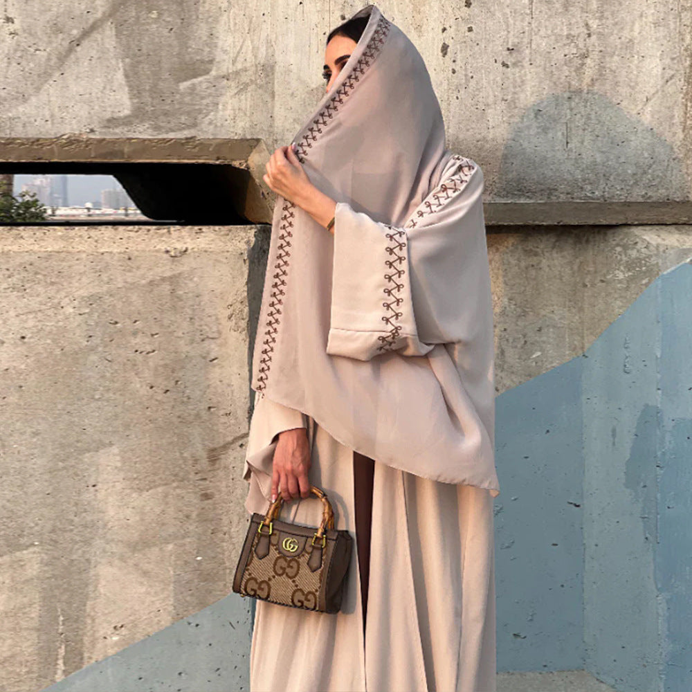 Women's Embroidered Abaya Dress with Bat Sleeves