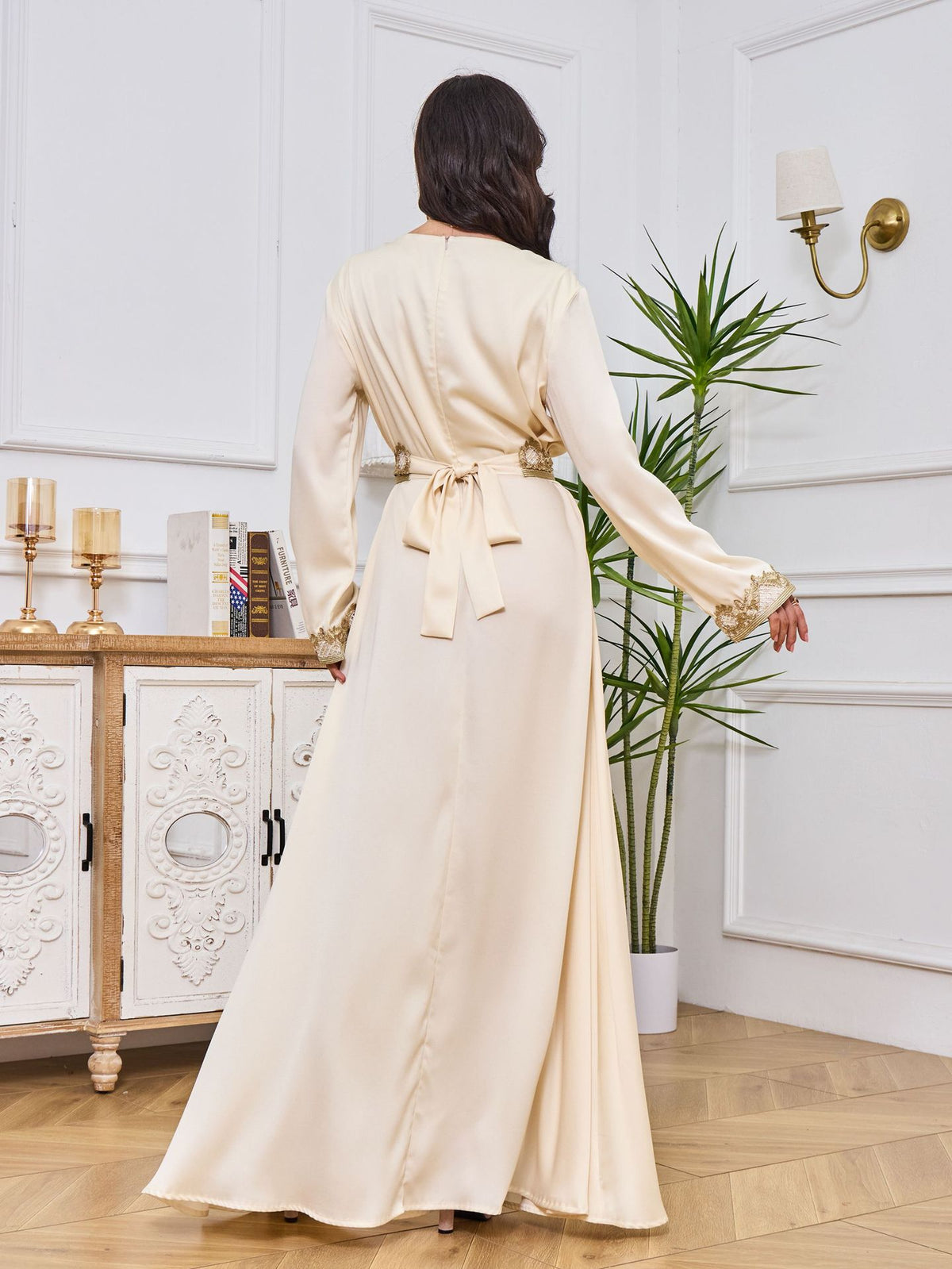 Embroidered Long Sleeve Abaya Dress with Ruffled Hem