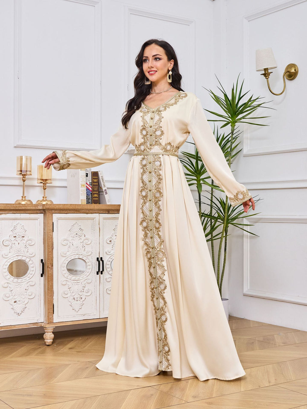 Embroidered Long Sleeve Abaya Dress with Ruffled Hem
