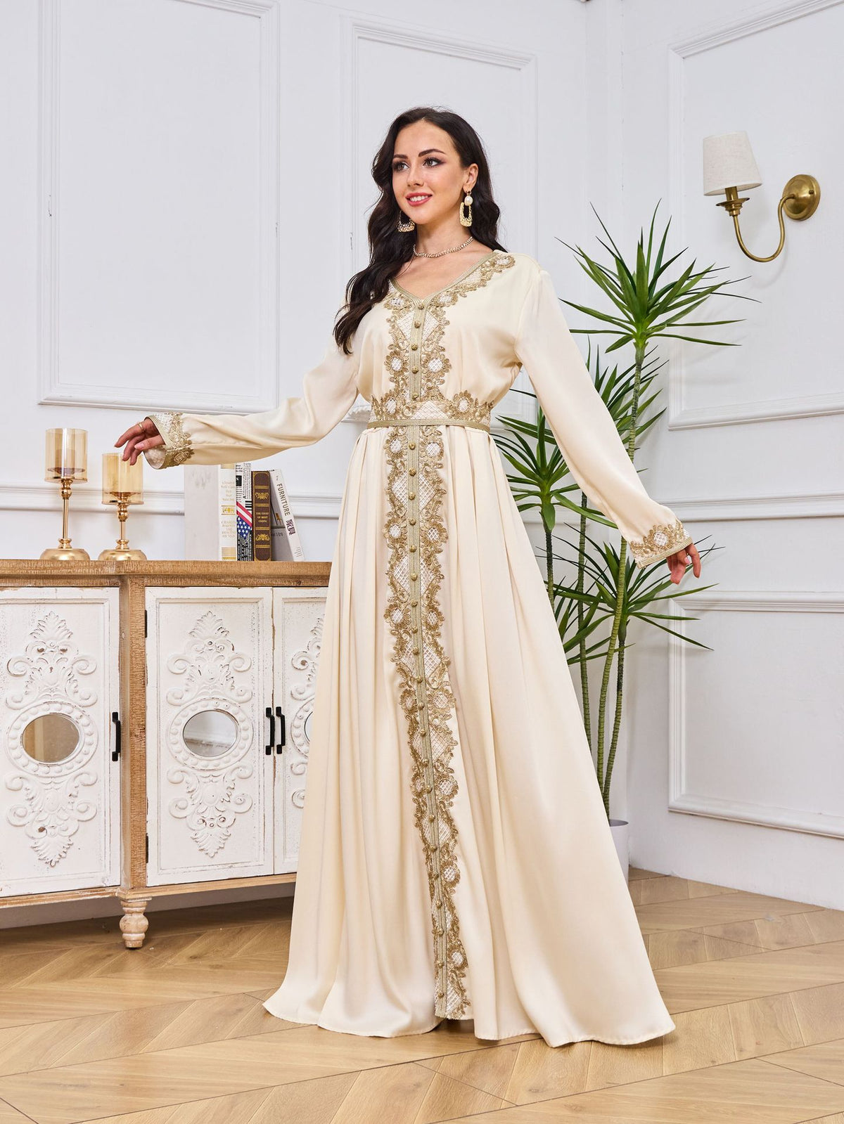 Embroidered Long Sleeve Abaya Dress with Ruffled Hem