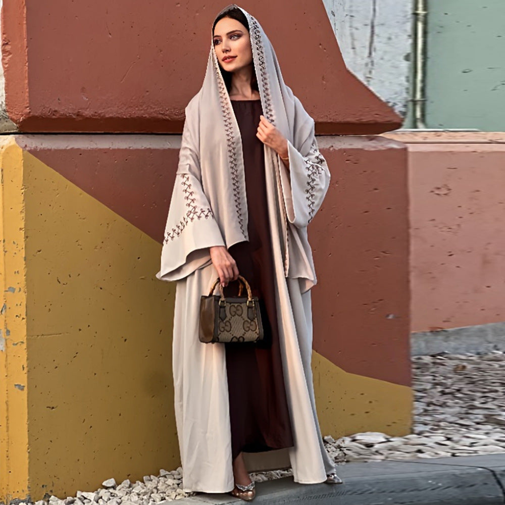 Women's Embroidered Abaya Dress with Bat Sleeves