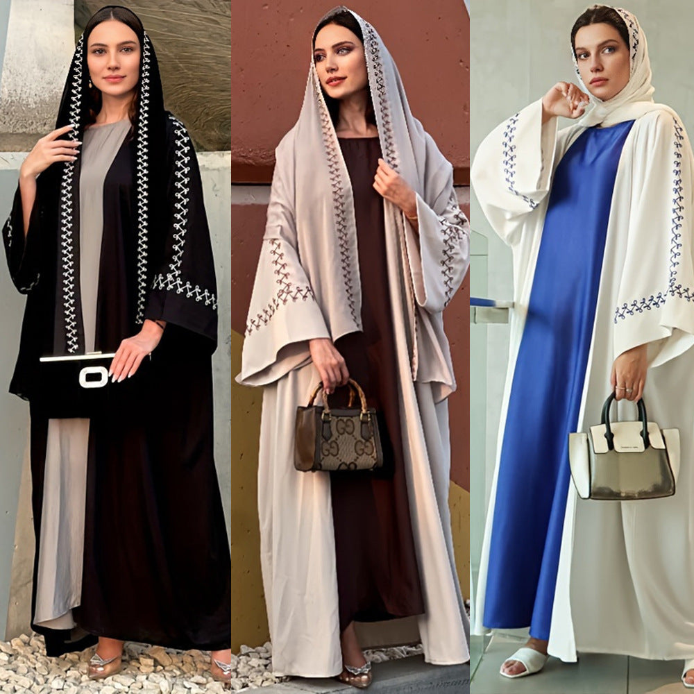 Women's Embroidered Abaya Dress with Bat Sleeves
