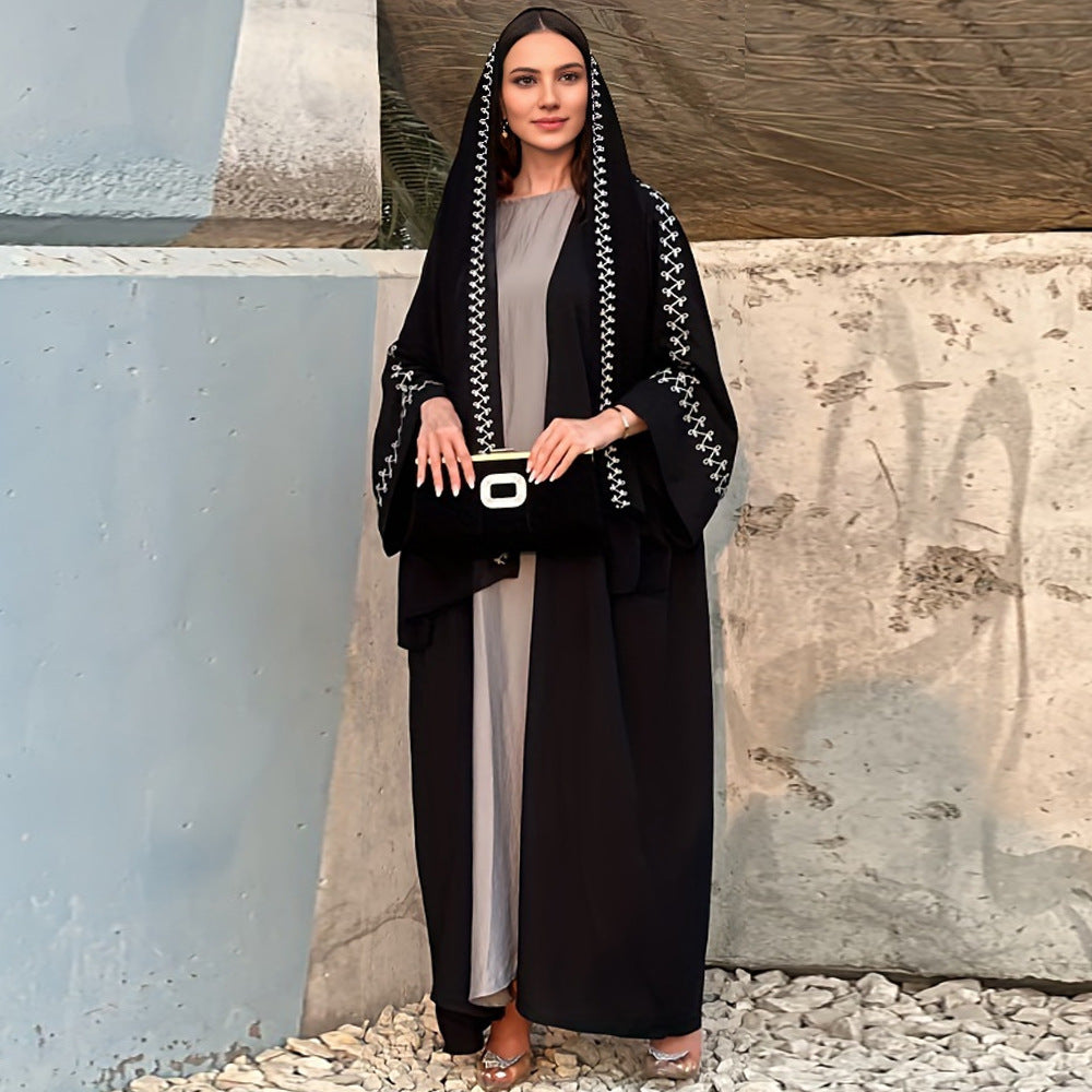 Women's Embroidered Abaya Dress with Bat Sleeves