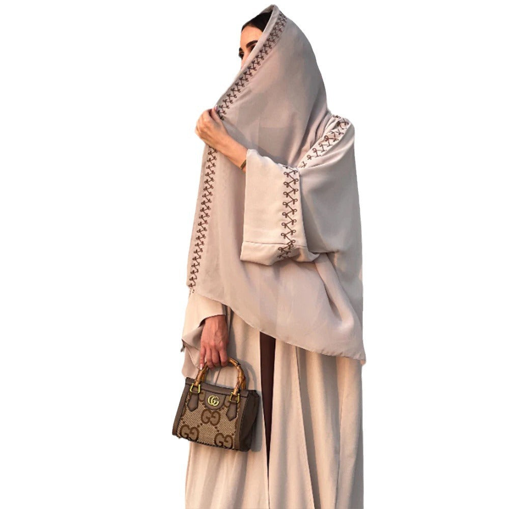Women's Embroidered Abaya Dress with Bat Sleeves