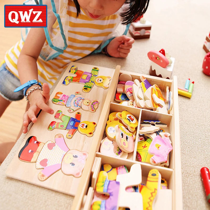 Educational wooden bear dressing toy — developing a child's motor skills