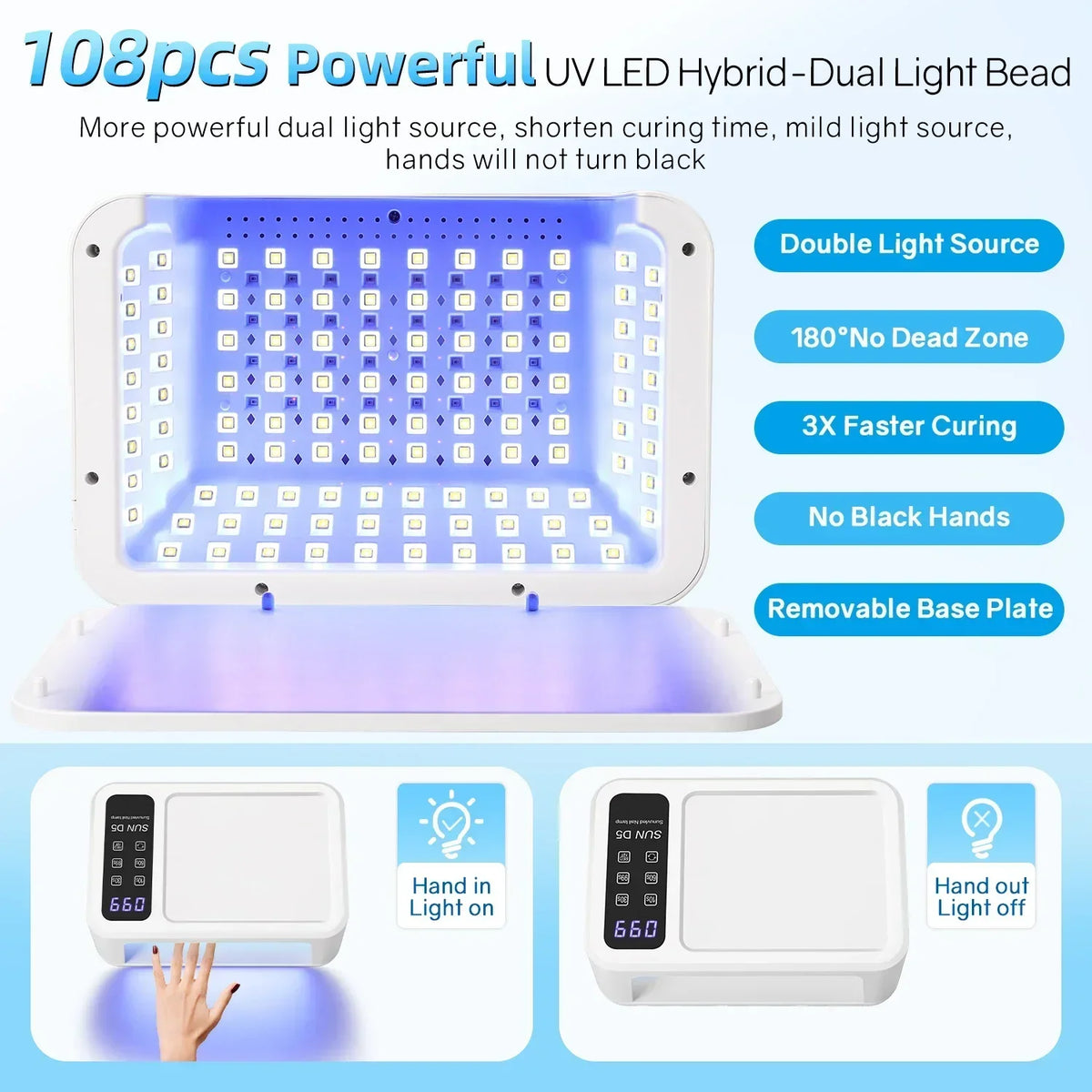 مصباح تجفيف أظافر UV LED بقوة 480 واط و108 لمبة - بوضع تبييض ومساحة كبيرة