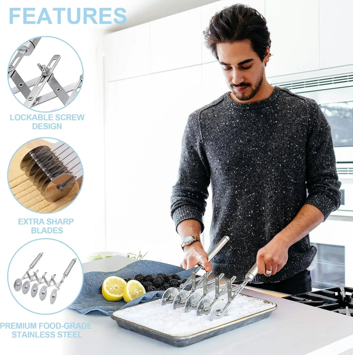 قطاعة عجين وبيتزا دوارة متعددة الشفرات (3/5/7 عجلات) - ستانلس ستيل