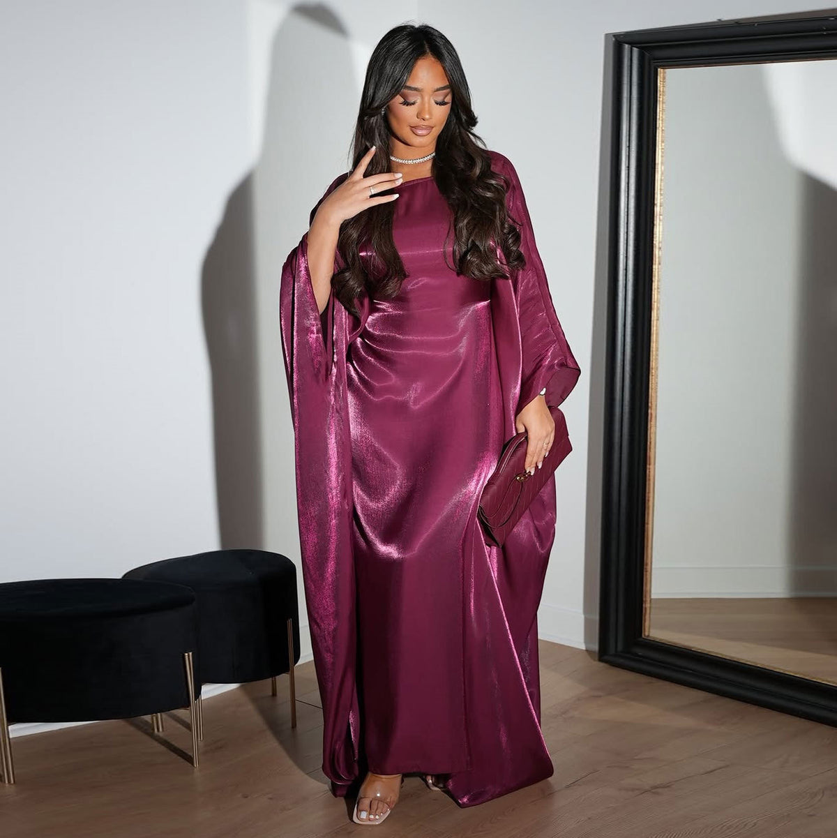 Modest Muslim Bright Silk Satin Abaya Dress