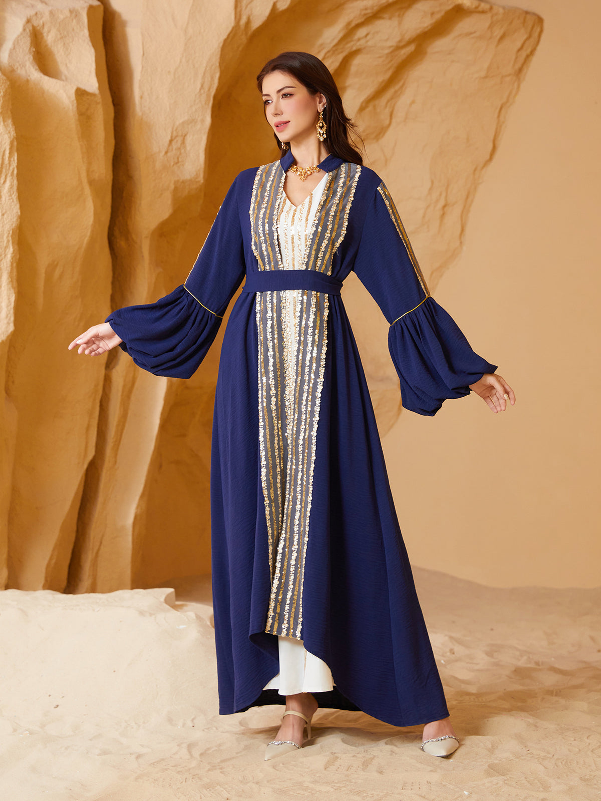 Sequined Puff Sleeve Abaya Dress