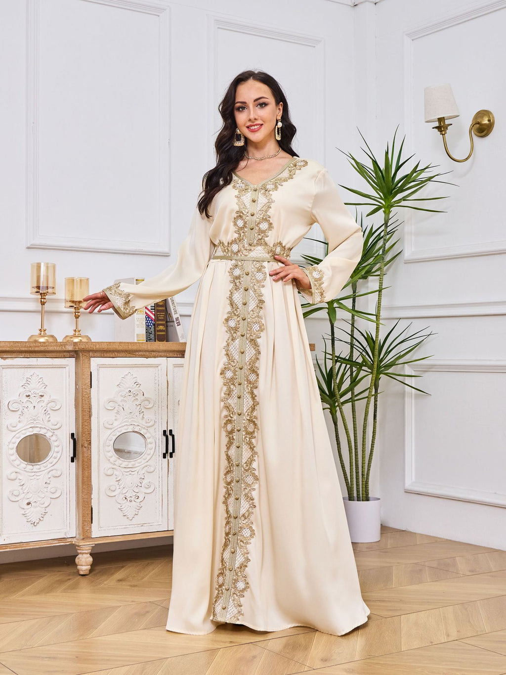 Embroidered Long Sleeve Abaya Dress with Ruffled Hem