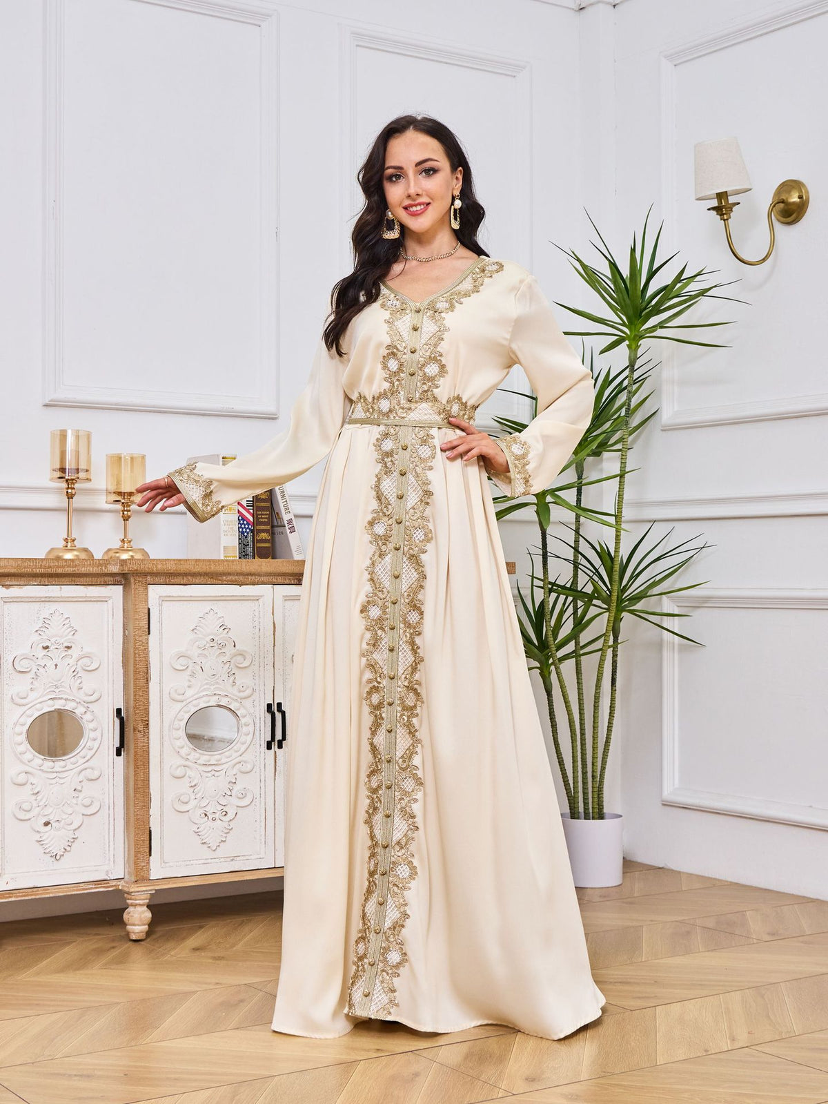 Embroidered Long Sleeve Abaya Dress with Ruffled Hem