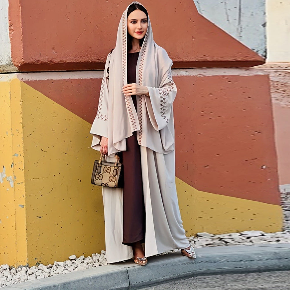 Women's Embroidered Abaya Dress with Bat Sleeves