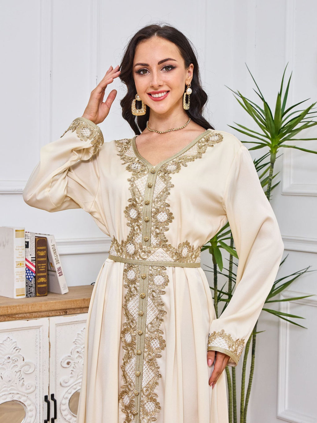 Embroidered Long Sleeve Abaya Dress with Ruffled Hem